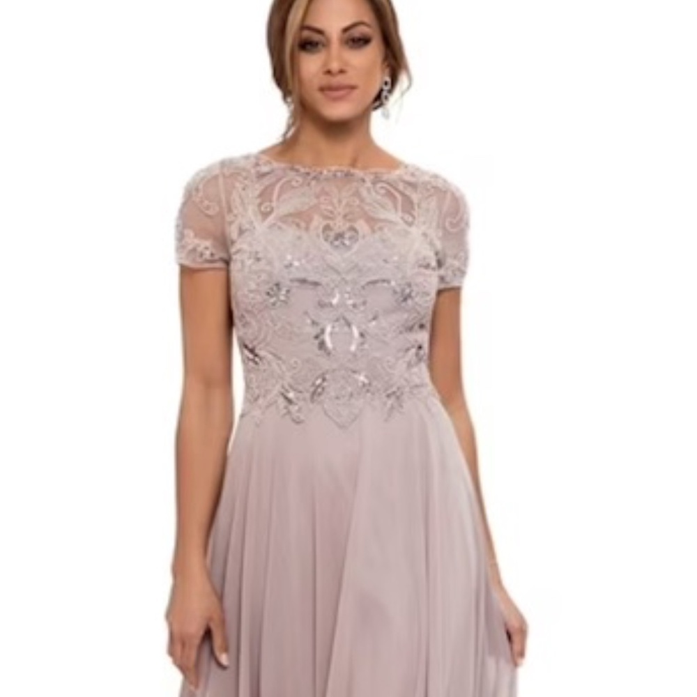 X SCAPE Jerri Beaded Short Sleeve Chiffon Maxi Gown Size 12